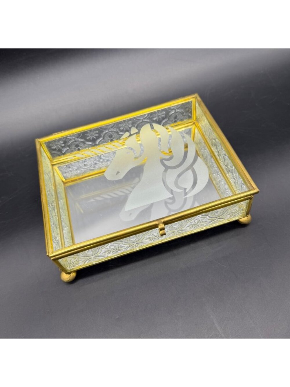 Vintage Unicorn Trinket Box Jewelry Holder Brass Glass Mirrored 1980s Taiwan